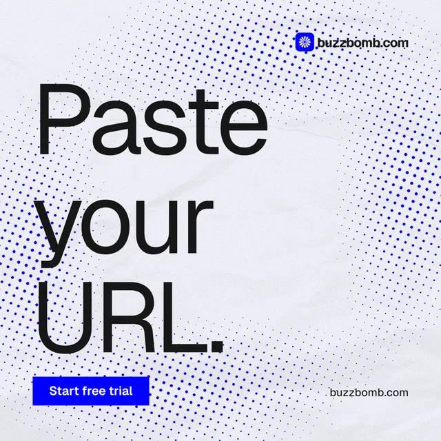 Instagram post for BuzzBomb: "Paste your URL." Swiss style, poster layout, light palette in blue, white, grey.