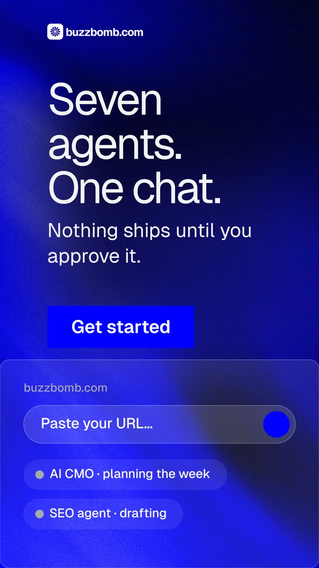 Instagram story for BuzzBomb: "Seven agents. One chat." Swiss style, skeleton layout, dark palette in blue.