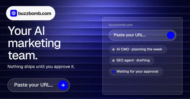 Social ad for BuzzBomb: "Your AI marketing team." Agentic glass style, bottom layout, dark palette in blue, black, grey.