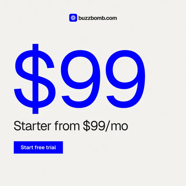Instagram post for BuzzBomb: "Paste your URL." Swiss style, stat layout, light palette in white, blue.
