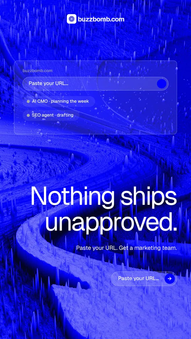 Instagram story for BuzzBomb: "Nothing ships unapproved." Agentic glass style, right layout, dark palette in blue.