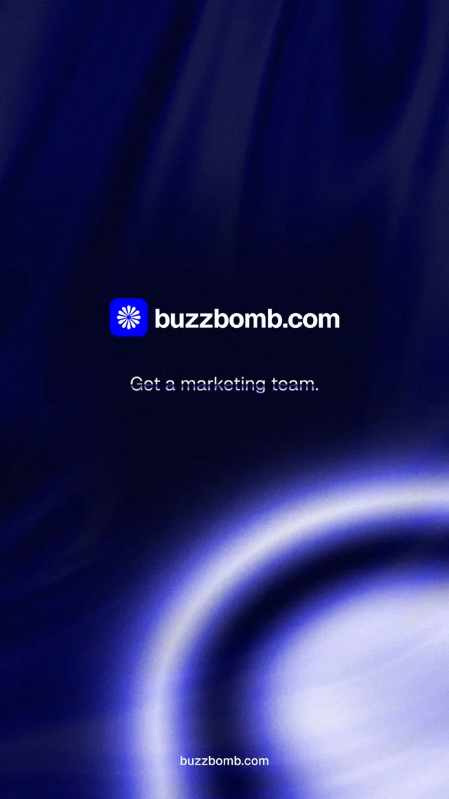 Instagram story for BuzzBomb: "Get a marketing team." Agentic glass style, end card layout, dark palette in blue, black.