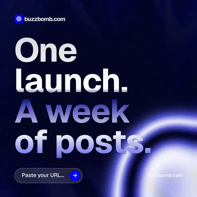 Instagram post for BuzzBomb: "One launch. A week of posts." Agentic glass style, poster layout, dark palette in black, blue.