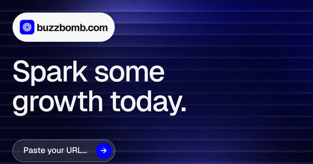 Social ad for BuzzBomb: "Spark some growth today." Agentic glass style, announce layout, dark palette in blue, black, grey.