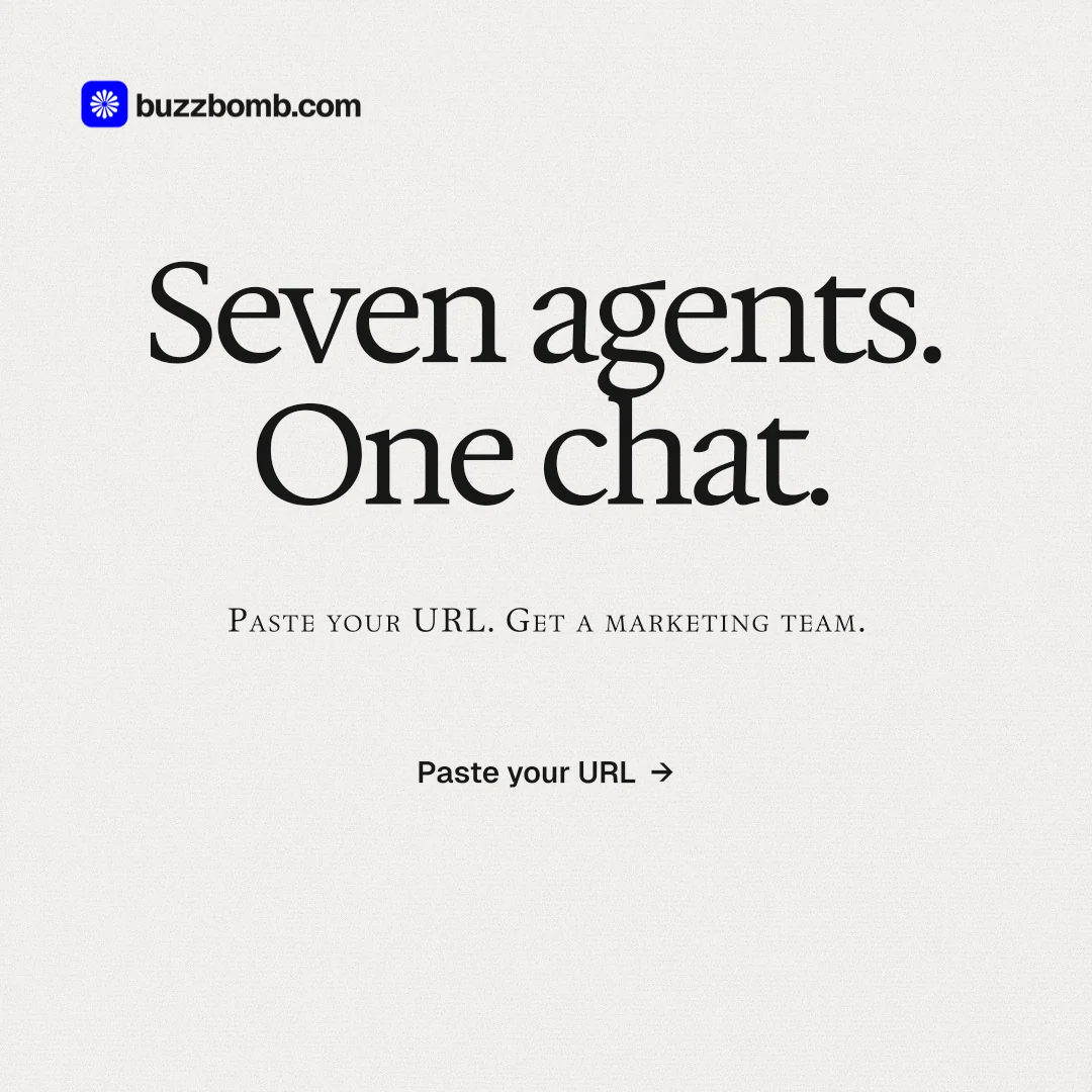 Instagram post for BuzzBomb: "Seven agents. One chat." Swiss style, smallcaps layout, light palette in white, grey.