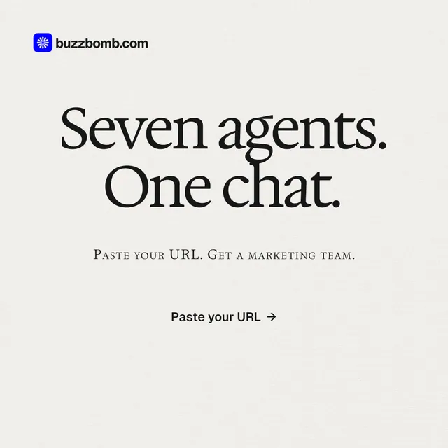 Instagram post for BuzzBomb: "Seven agents. One chat." Swiss style, smallcaps layout, light palette in white, grey.