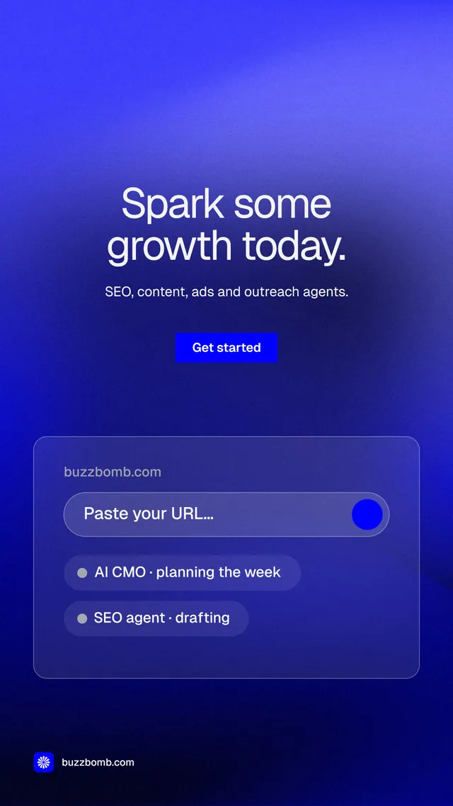 Instagram story for BuzzBomb: "Spark some growth today." Swiss style, centred layout, dark palette in blue.