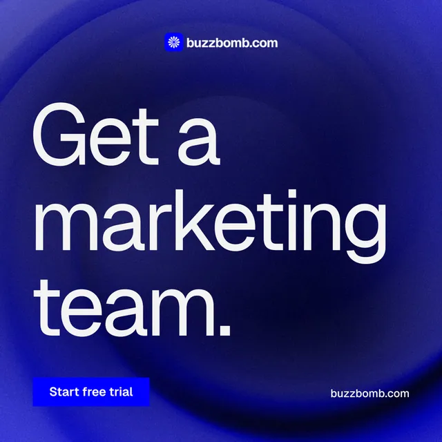 Instagram post for BuzzBomb: "Get a marketing team." Swiss style, poster layout, dark palette in blue.