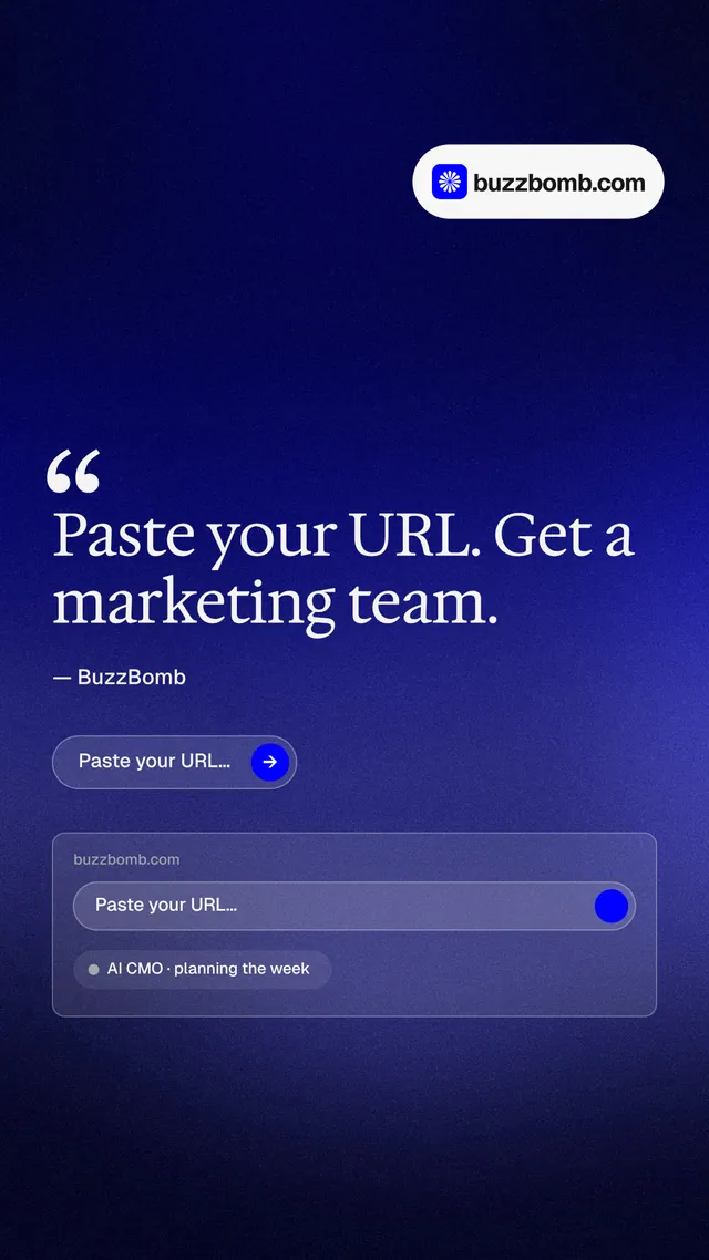 Instagram story for BuzzBomb: "Get a marketing team." Agentic glass style, quote layout, dark palette in blue, black.