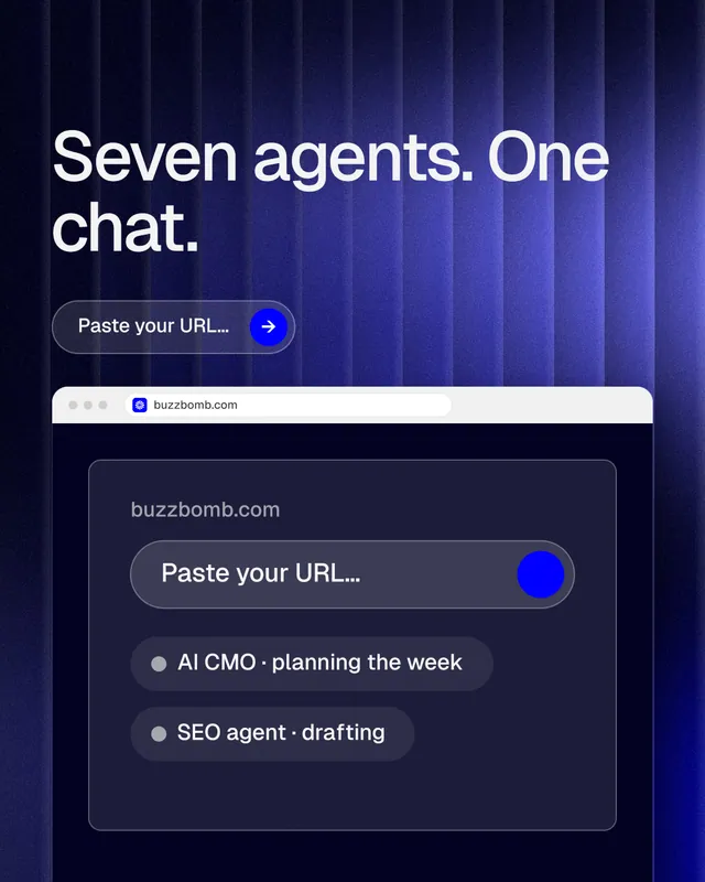 Instagram portrait post for BuzzBomb: "Seven agents. One chat." Agentic glass style, browser layout, dark palette in blue, black, grey.