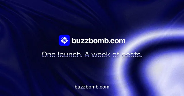 Social ad for BuzzBomb: "One launch. A week of posts." Agentic glass style, end card layout, dark palette in black, blue.