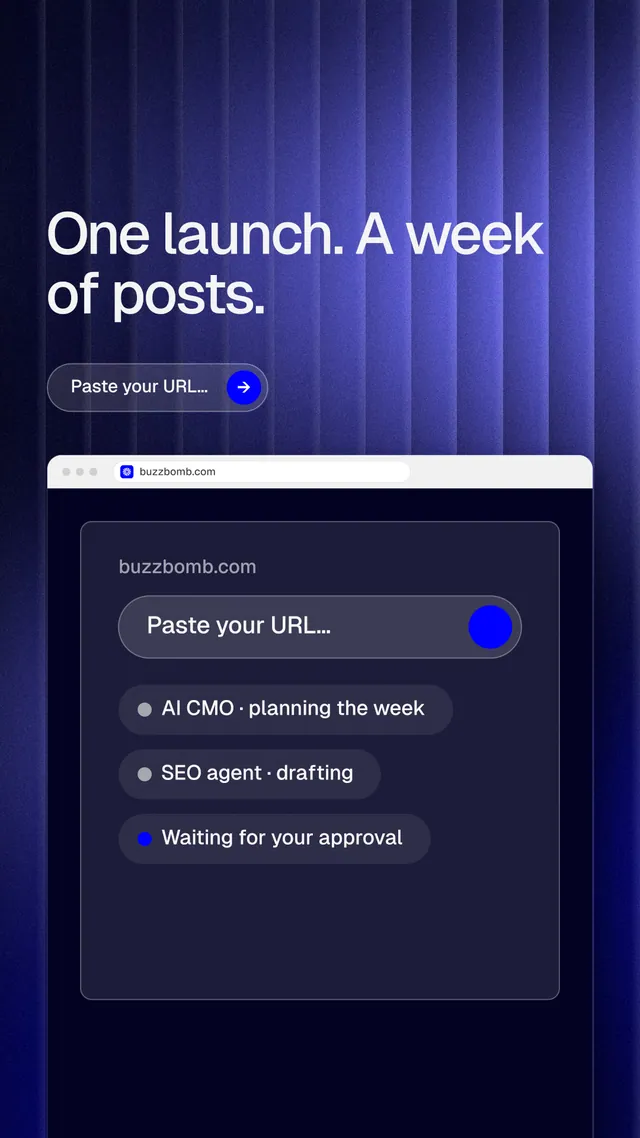 Instagram story for BuzzBomb: "One launch. A week of posts." Agentic glass style, browser layout, dark palette in blue, black.
