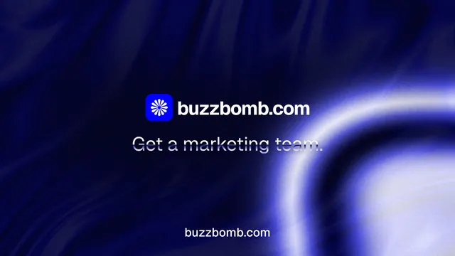 Landscape graphic for BuzzBomb: "Get a marketing team." Agentic glass style, end card layout, dark palette in blue, black.