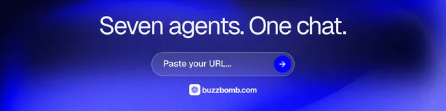 LinkedIn banner for BuzzBomb: "Seven agents. One chat." Agentic glass style, skeleton layout, dark palette in blue.