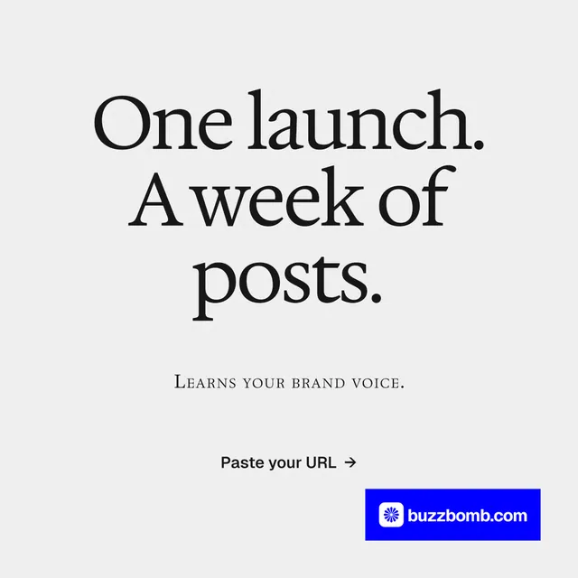 Instagram post for BuzzBomb: "One launch. A week of posts." Swiss style, smallcaps layout, light palette in white, blue.