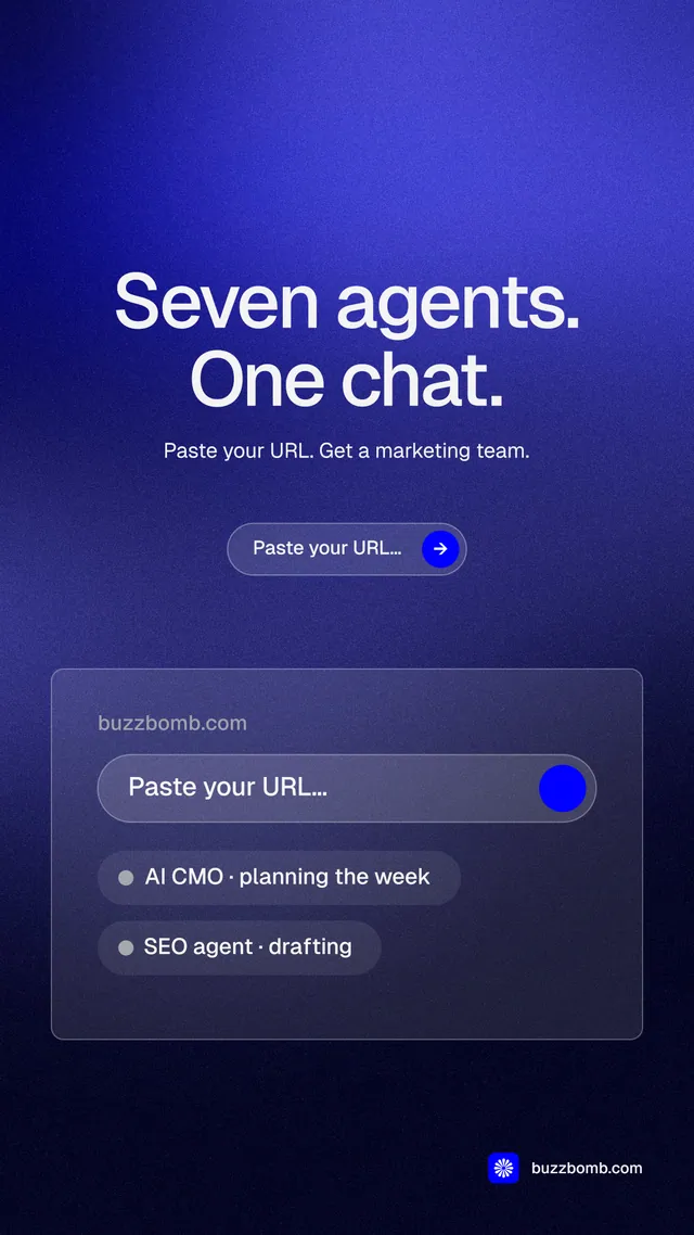 Instagram story for BuzzBomb: "Seven agents. One chat." Agentic glass style, centred layout, dark palette in black, blue.