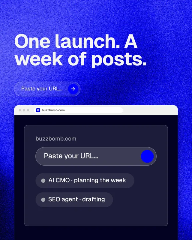 Instagram portrait post for BuzzBomb: "One launch. A week of posts." Agentic glass style, browser layout, dark palette in blue.