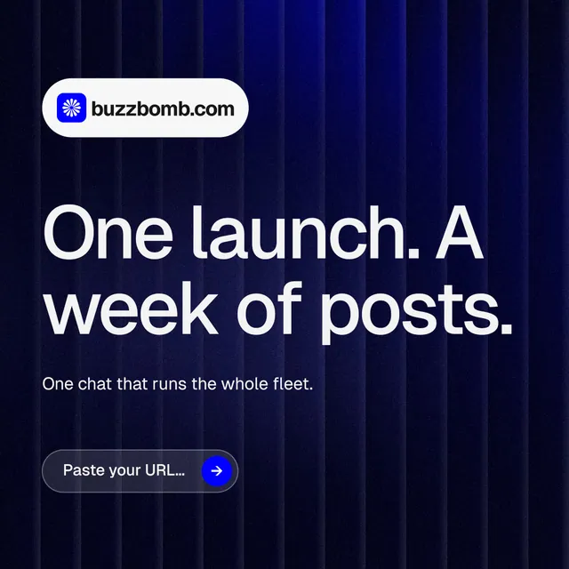 Instagram post for BuzzBomb: "One launch. A week of posts." Agentic glass style, announce layout, dark palette in black, blue, grey.