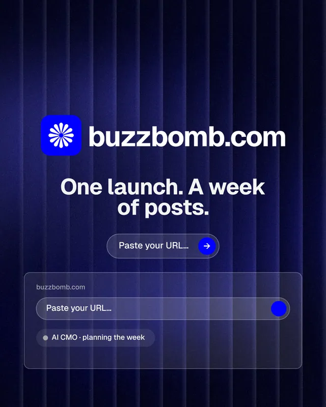Instagram portrait post for BuzzBomb: "One launch. A week of posts." Agentic glass style, logo hero layout, dark palette in black, blue, grey.
