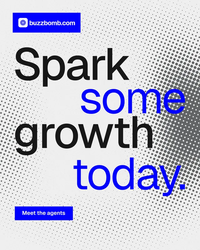 Instagram portrait post for BuzzBomb: "Spark some growth today." Swiss style, stacked layout, light palette in white, blue.
