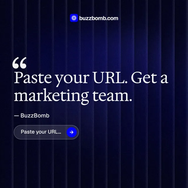 Instagram post for BuzzBomb: "Paste your URL." Agentic glass style, quote layout, dark palette in black, blue.