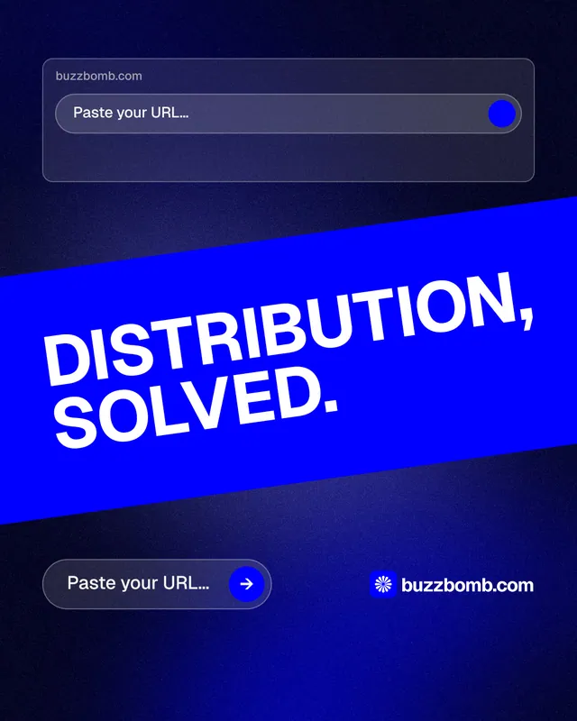 Instagram portrait post for BuzzBomb: "Distribution, solved." Agentic glass style, diagonal layout, dark palette in blue.