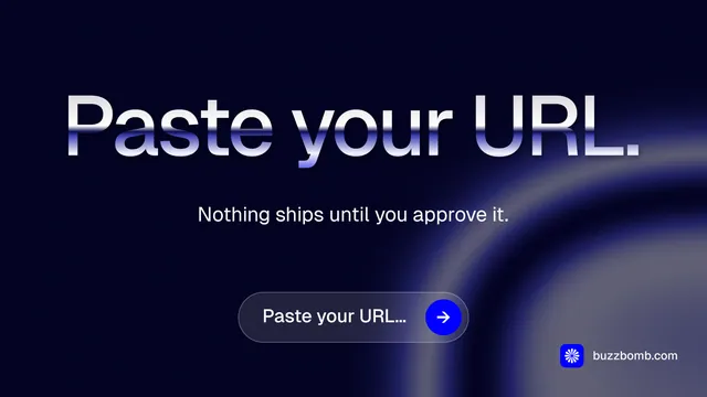 Landscape graphic for BuzzBomb: "Paste your URL." Agentic glass style, centred layout, dark palette in black, blue.