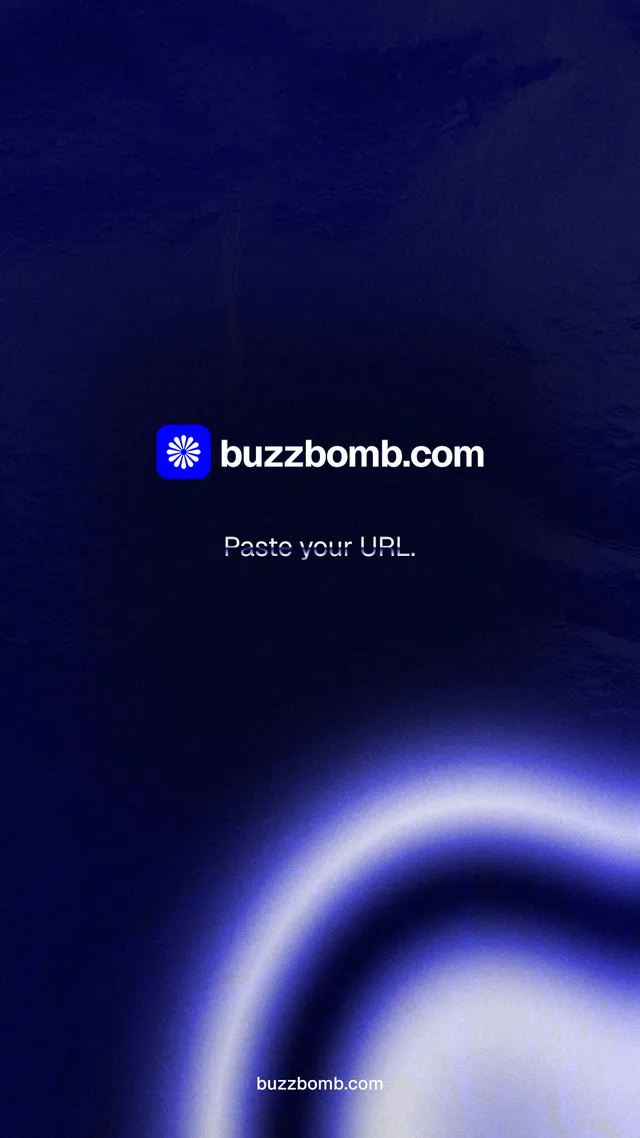 Instagram story for BuzzBomb: "Paste your URL." Agentic glass style, end card layout, dark palette in blue, black.
