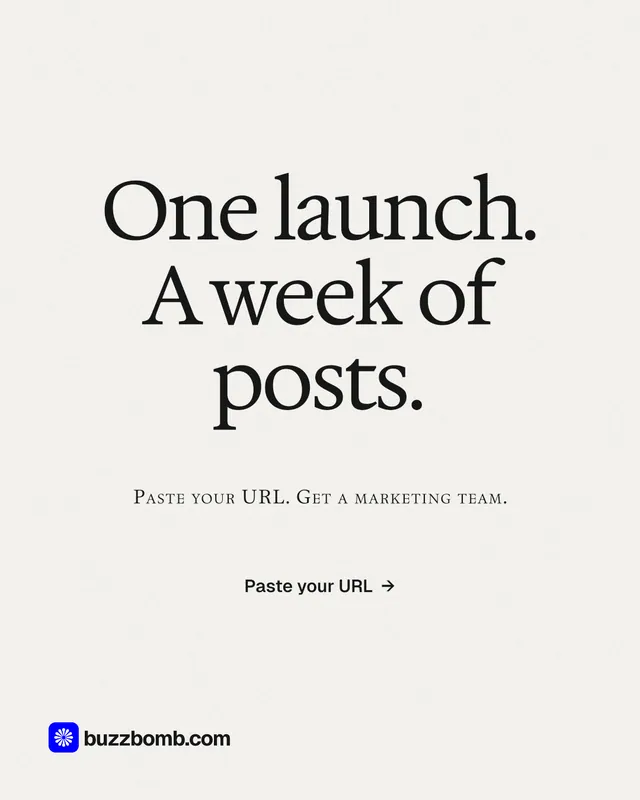 Instagram portrait post for BuzzBomb: "One launch. A week of posts." Swiss style, smallcaps layout, light palette in white, grey.