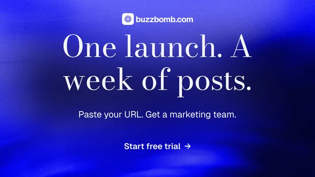Landscape graphic for BuzzBomb: "One launch. A week of posts." Minimal luxury style, centred layout, dark palette in blue.