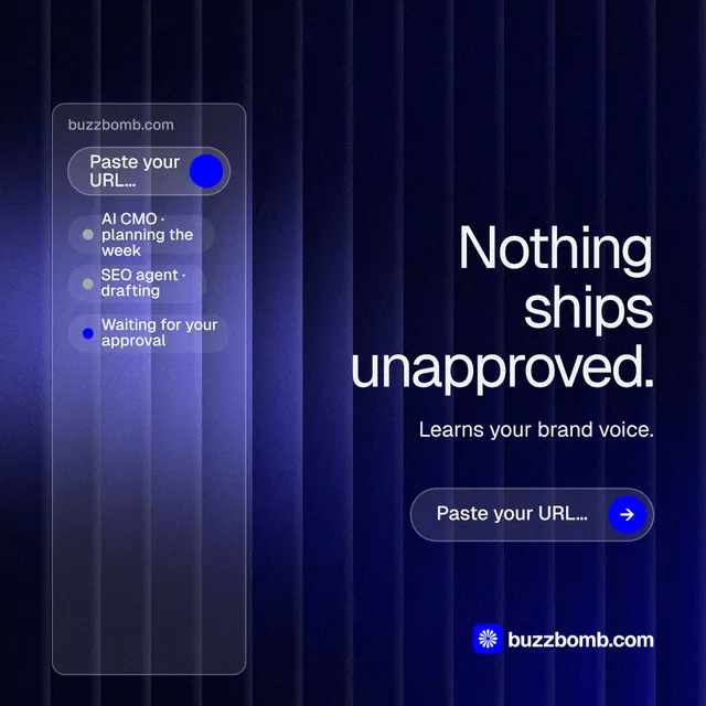 Instagram post for BuzzBomb: "Nothing ships unapproved." Agentic glass style, right layout, dark palette in black, blue.