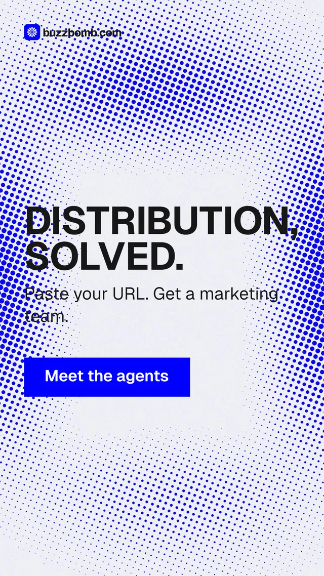 Instagram story for BuzzBomb: "Distribution, solved." Swiss style, skeleton layout, light palette in blue, white.