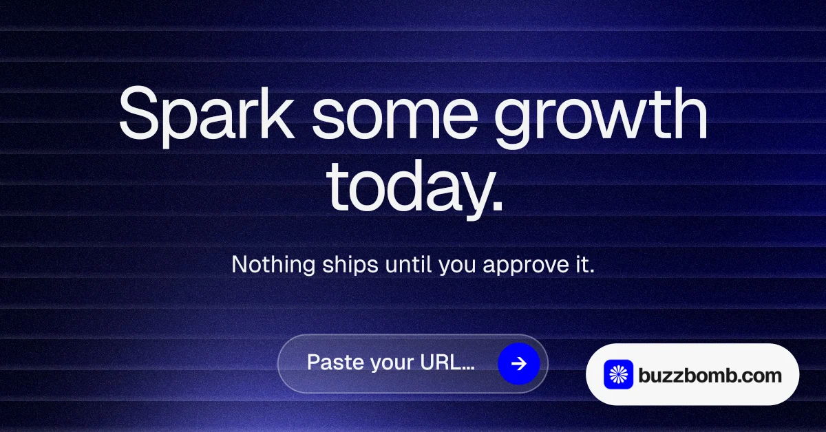 Social ad for BuzzBomb: "Spark some growth today." Agentic glass style, centred layout, dark palette in blue, black, grey.