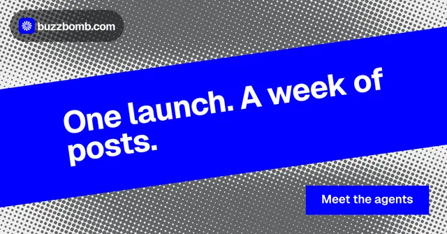 Social ad for BuzzBomb: "One launch. A week of posts." Swiss style, diagonal layout, dark palette in blue, grey.