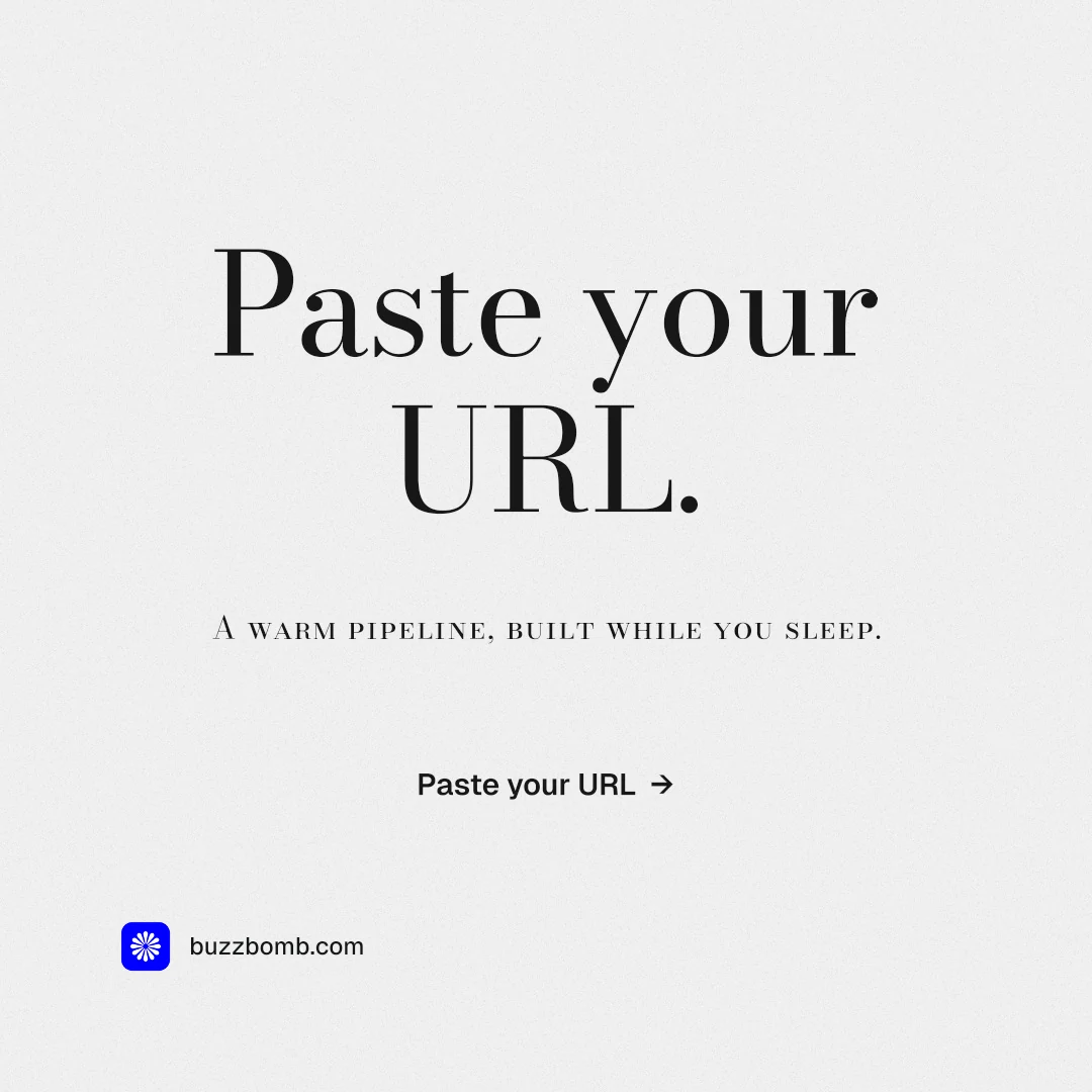 Instagram post for BuzzBomb: "Paste your URL." Minimal luxury style, smallcaps layout, light palette in white, grey.