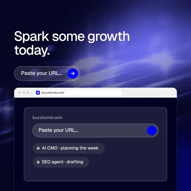 Instagram post for BuzzBomb: "Spark some growth today." Agentic glass style, browser layout, dark palette in blue, black.
