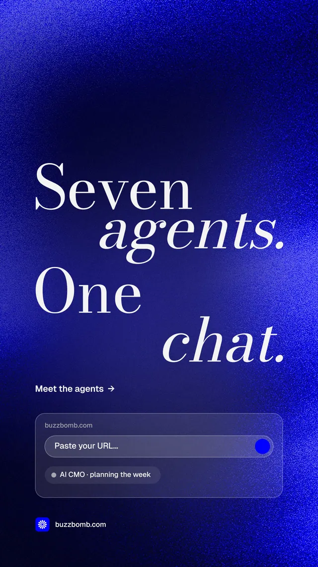 Instagram story for BuzzBomb: "Seven agents. One chat." Minimal luxury style, stacked layout, dark palette in blue.