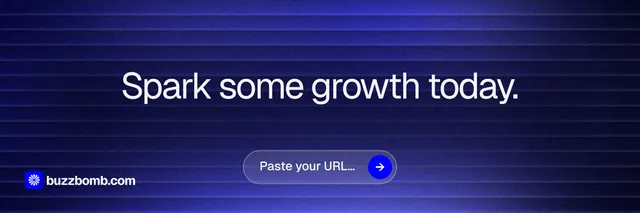 X header for BuzzBomb: "Spark some growth today." Agentic glass style, centred layout, dark palette in blue.