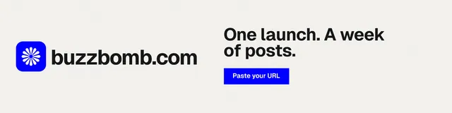 LinkedIn banner for BuzzBomb: "One launch. A week of posts." Swiss style, logo hero layout, light palette in white, blue.
