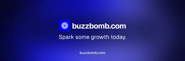 X header for BuzzBomb: "Spark some growth today." Agentic glass style, end card layout, dark palette in blue.