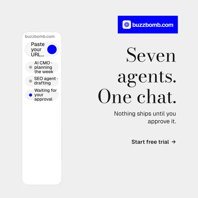 Instagram post for BuzzBomb: "Seven agents. One chat." Minimal luxury style, right layout, light palette in white, blue.