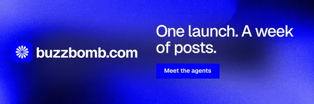 X header for BuzzBomb: "One launch. A week of posts." Swiss style, logo hero layout, dark palette in blue.