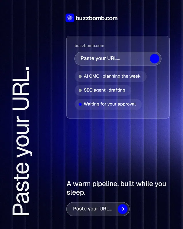 Instagram portrait post for BuzzBomb: "Paste your URL." Agentic glass style, vertical layout, dark palette in blue, black.