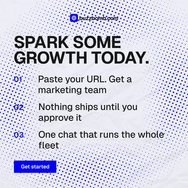 Instagram post for BuzzBomb: "Spark some growth today." Swiss style, numbered layout, light palette in blue, white, grey.