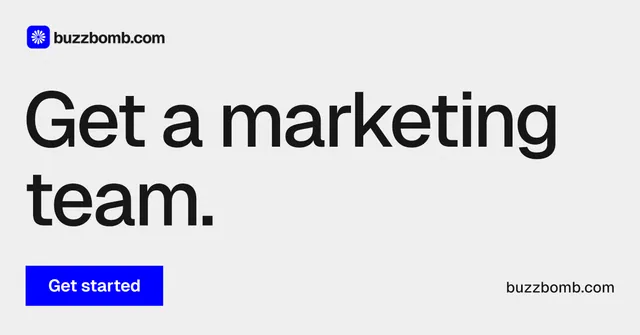 Social ad for BuzzBomb: "Get a marketing team." Swiss style, poster layout, light palette in white, grey.