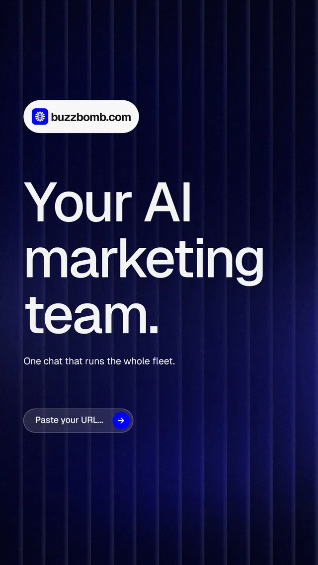 Instagram story for BuzzBomb: "Your AI marketing team." Agentic glass style, announce layout, dark palette in black, blue, grey.