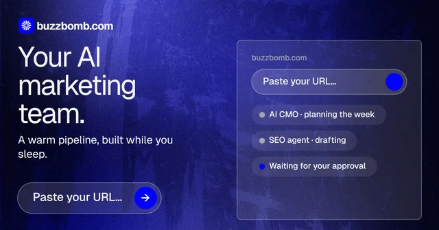 Social ad for BuzzBomb: "Your AI marketing team." Agentic glass style, bottom layout, dark palette in blue.
