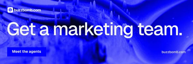 X header for BuzzBomb: "Get a marketing team." Swiss style, poster layout, dark palette in blue.