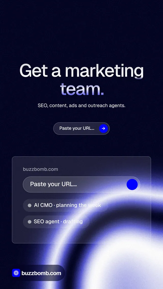Instagram story for BuzzBomb: "Get a marketing team." Agentic glass style, centred layout, dark palette in black, blue.