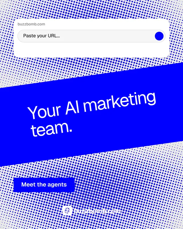 Instagram portrait post for BuzzBomb: "Your AI marketing team." Swiss style, diagonal layout, light palette in blue, white.